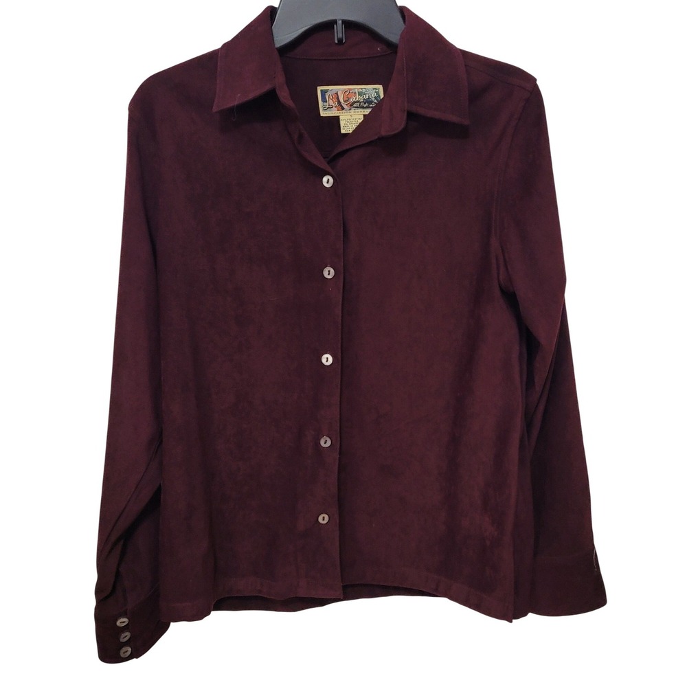 La Cabana Womens Burgundy Suede‎ Feel Button Down Shirt Top Jacket Long Sleeve